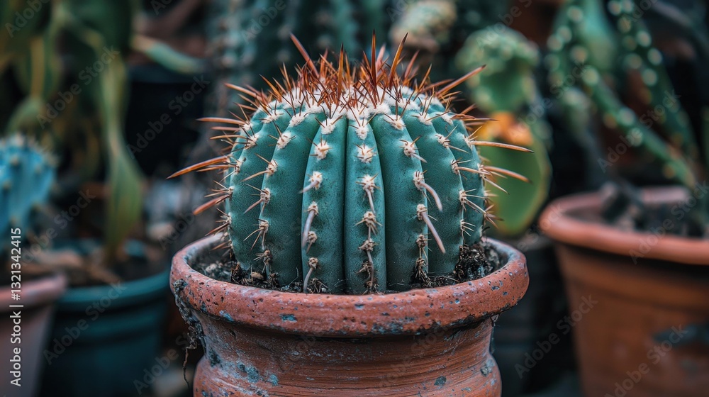 Poster close-up of a cactus plant in a terracotta pot. the cactus has a round, spiky top with multiple spik