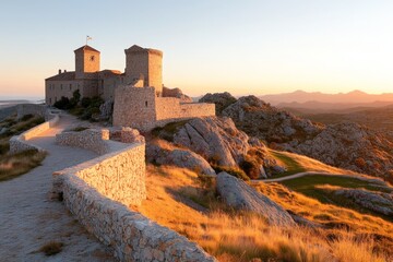 Obraz premium Historic castle atop rocky hills during sunset casting a warm glow across the landscape in Spain