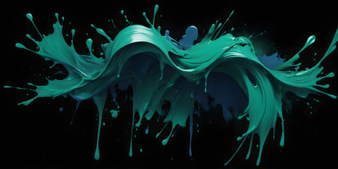 Turquoise Paint Splatter: An expressive burst of turquoise paint in fluid motion, creating a dynamic and visually arresting abstract design against dark background.