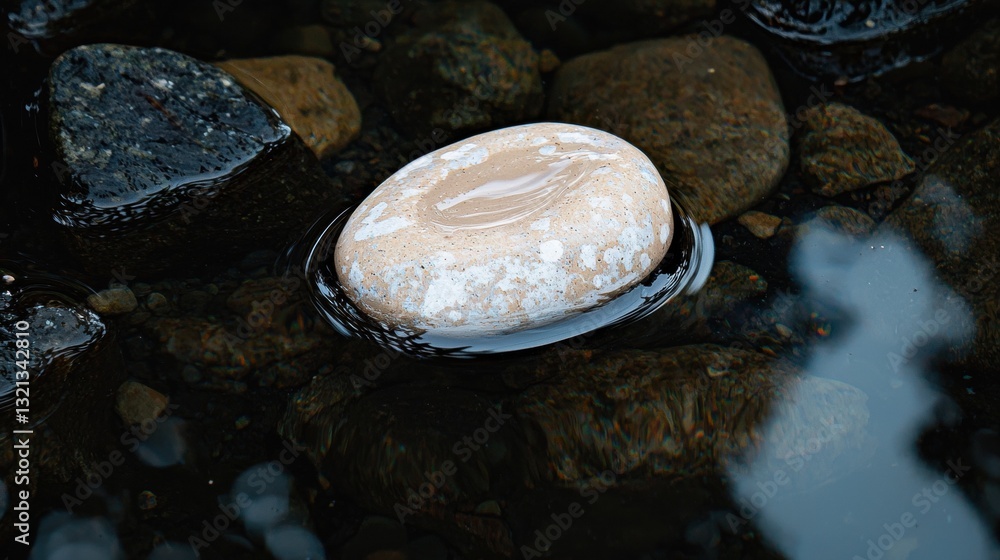 Poster close-up of a small rock in the water. the rock is round and has a smooth surface with small ripples