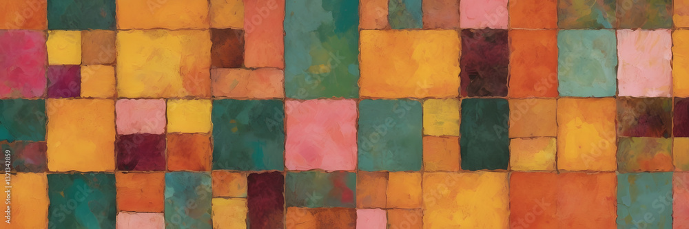 Poster vibrant geometric harmony: a captivating abstract artwork comprised of colorful squares and rectangl