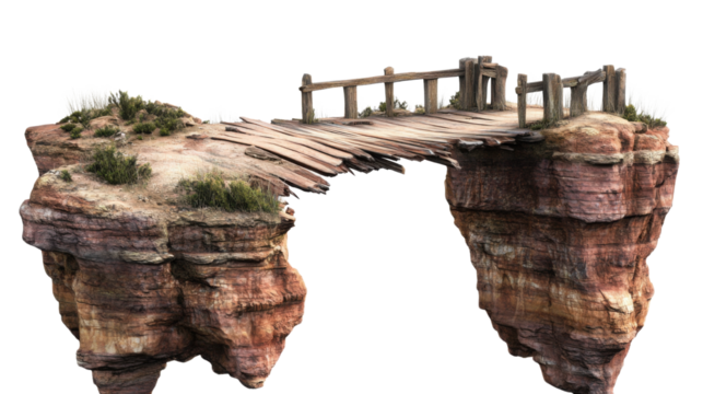 a broken bridge over a canyon isolated on white background 