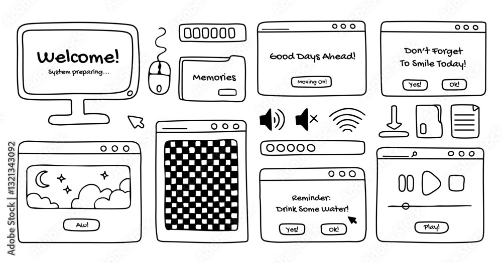 Fototapete computer windows and open dialog frames doodles, screen, folders and other pc user interface signs a
