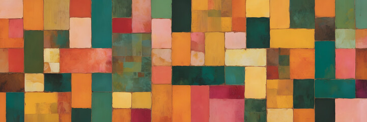 Abstract Colorful Mosaic: A vibrant abstract composition of colorful blocks, rectangles, and squares in various shades creates a dynamic visual and evoking feelings of joy