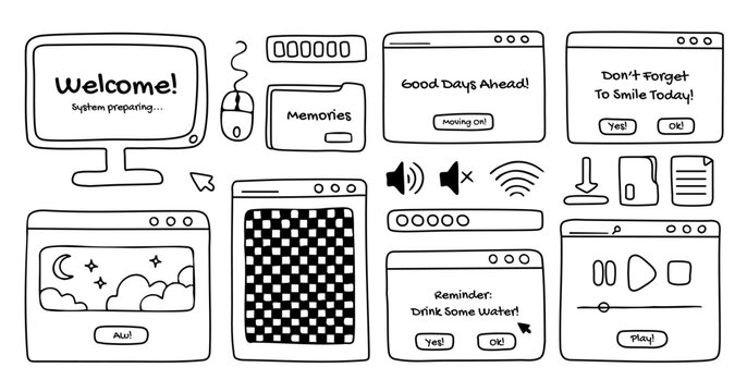 Computer windows and open dialog frames doodles, screen, folders and other pc user interface signs and symbols. Graphic vector design elements, hand drawn, black outline.