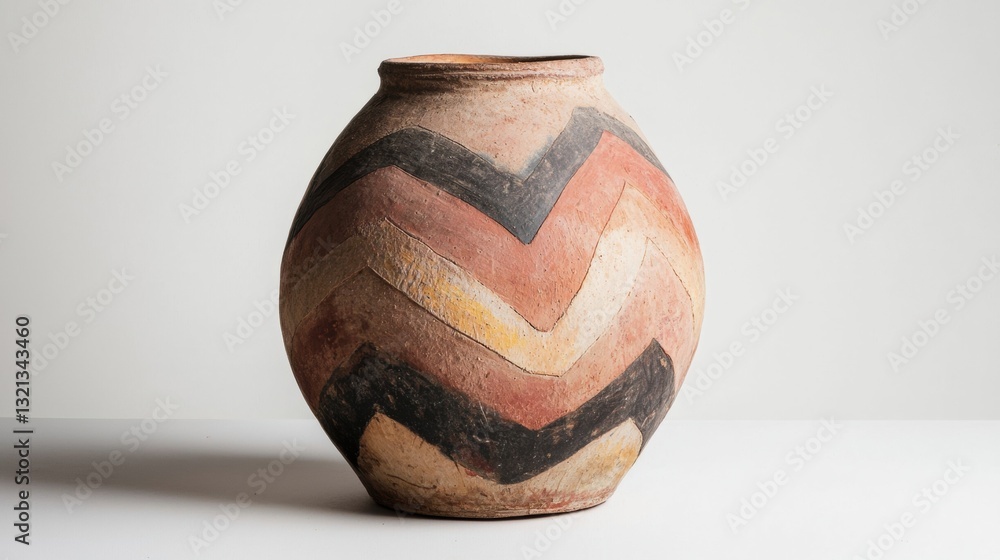 Poster the image is of a small vase or jar with a unique design. the vase is made of clay and has a round s
