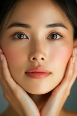 Fototapeta premium A woman with a beautiful face and a pinkish tint to her lips
