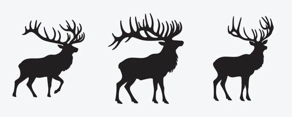 Set of three black silhouettes of elk or deer with large, branched antlers in different poses on a light background