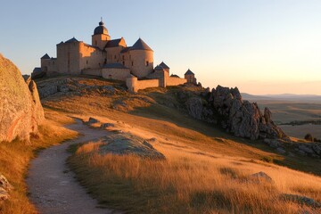 Obraz premium Majestic castle perched on a hillside at sunset surrounded by rolling landscapes in the countryside
