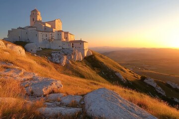 Sunset view of a historic stone village on a hilltop with a monastery in the background