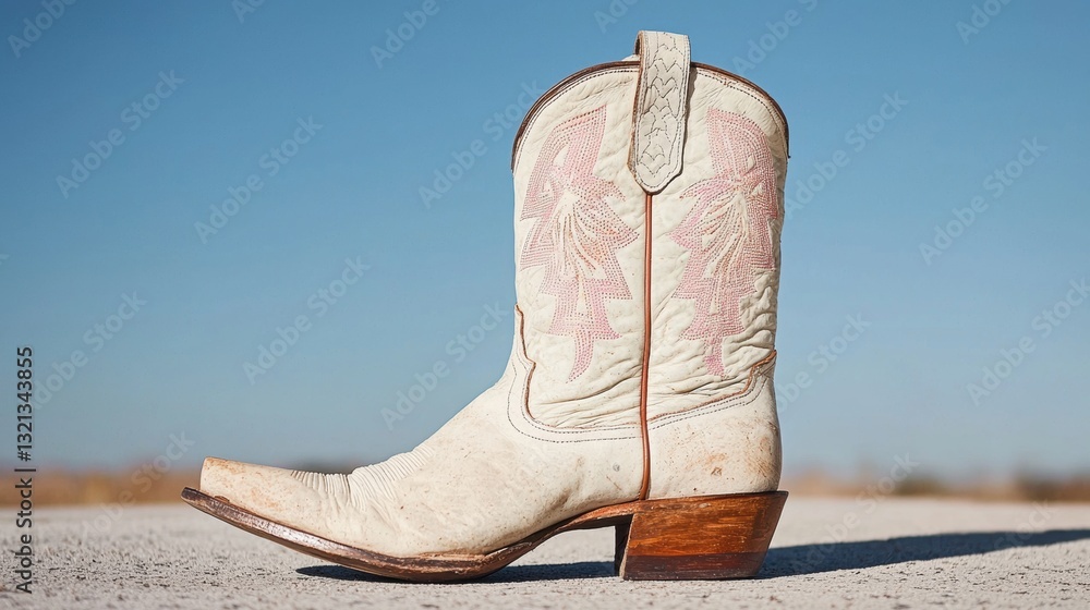 Poster close-up of a white cowboy boot with a wooden heel. the boot is placed on a concrete surface with a 