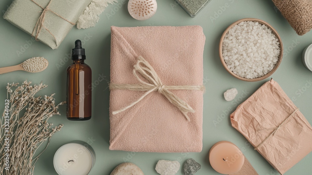Poster flat lay of various spa-related items arranged on a light green background. on the left side of the 