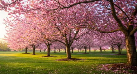 Fototapeta premium Blooming Cherry Trees in Spring Park - Pink Flowers, Green Grass, Tranquil Garden Scene