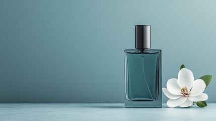 Elegant perfume bottle with a delicate flower on a minimalist background
