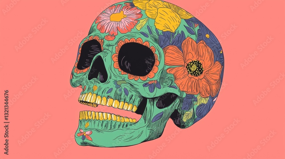 Poster digital illustration of a skull. the skull is in the center of the image and is facing towards the l