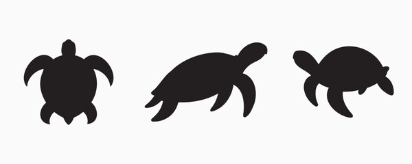 Black silhouettes of three sea turtles in different positions, symbolizing marine life, ocean conservation, and aquatic wildlife on a light background