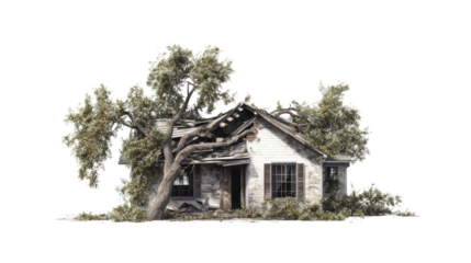 a damaged house with a large tree fallen isolated on background
