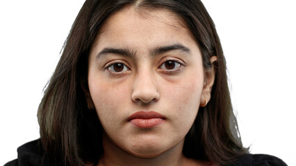 Woman's face, close-up, on a white background