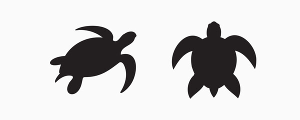 Black silhouettes of three sea turtles in different positions, symbolizing marine life, ocean conservation, and aquatic wildlife on a light background