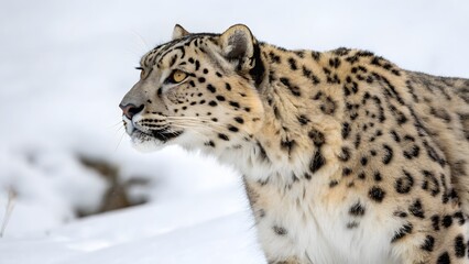 Naklejka premium Snow leopard resting in snowy mountain terrain. Side view of a snow leopard, Closeup shot. Created with Ai