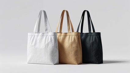 Tote bags in white, tan, and black arranged neatly on a plain background