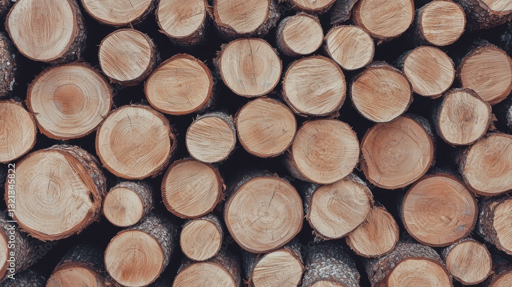 Poster close-up of a pile of tree trunks stacked on top of each other. the trunks are of different sizes an