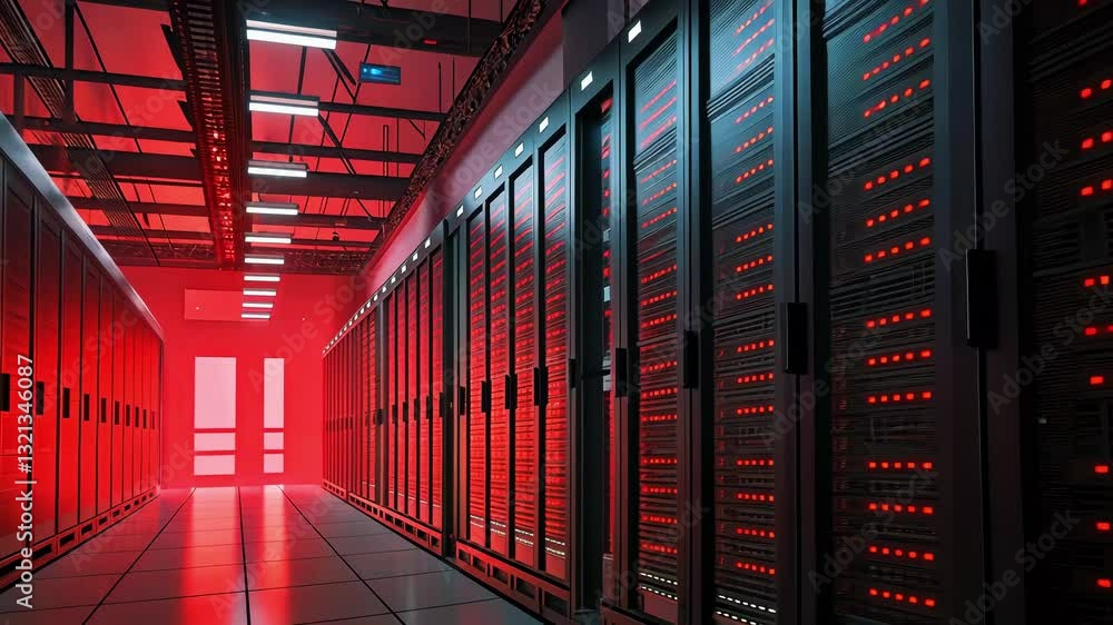 Aufkleber high-tech server room illuminated in red light, showcasing rows of servers and cables in use