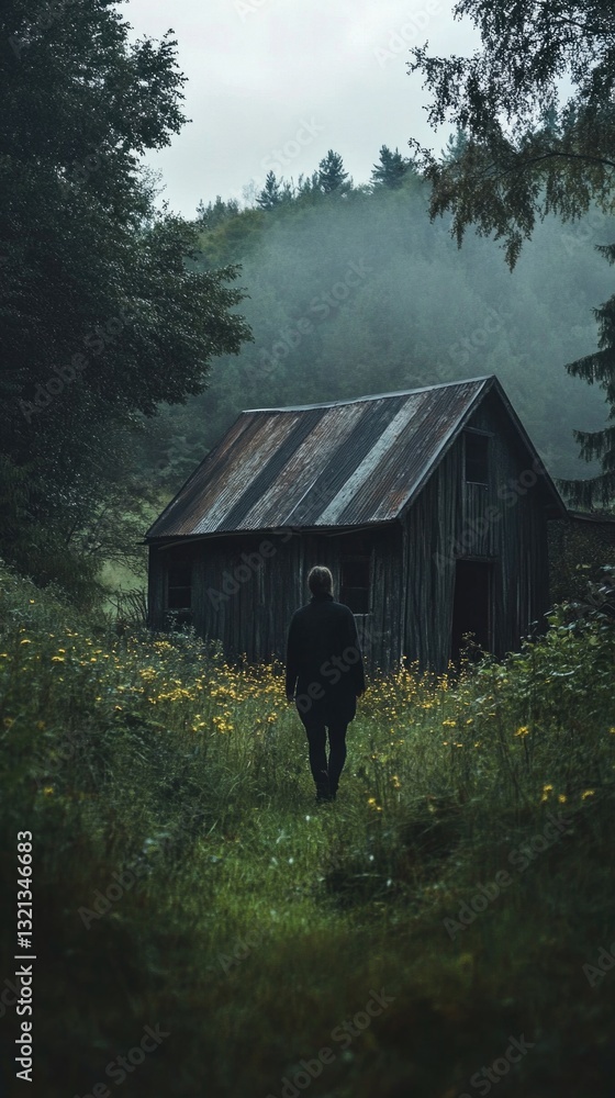 Poster a person walking towards a rustic barn in a grassy field