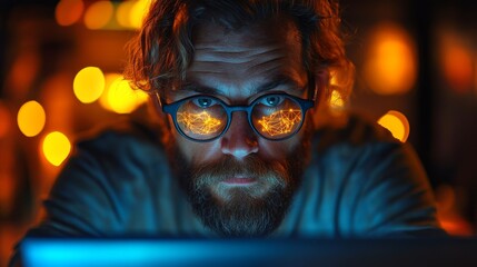 A person focuses intently on a laptop screen, with visualizations of quantum concepts like superposition and entanglement reflected in their glasses. The ambient light creates an engaging atmosphere.