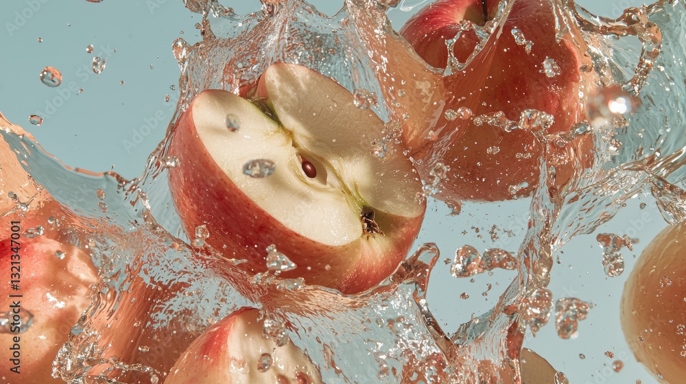 Poster group of red apples falling into a pool of water. the apples are in the center of the image, with on