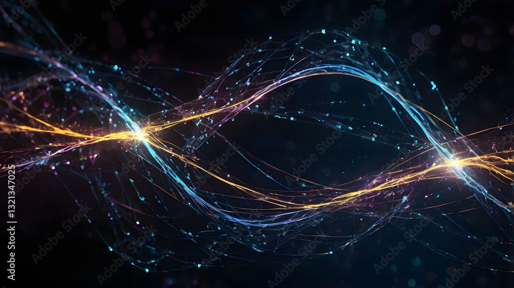 Poster digital network waves: abstract representation of interconnected data streams, visualized as glowing