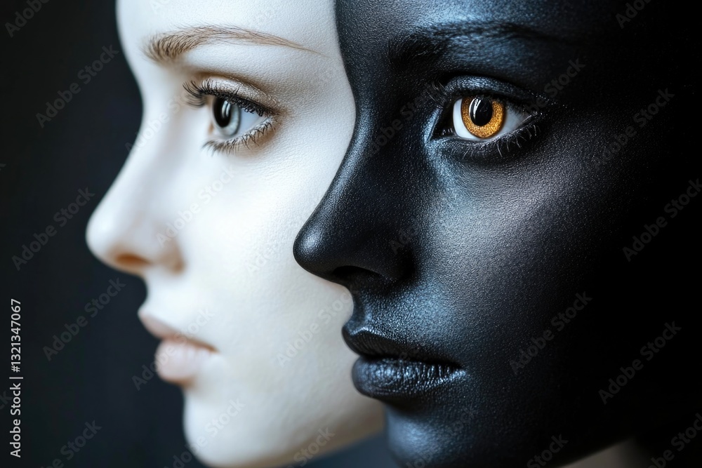 Poster close-up view of two mannequins with distinct eye colors, suitable for fashion or artistic concepts