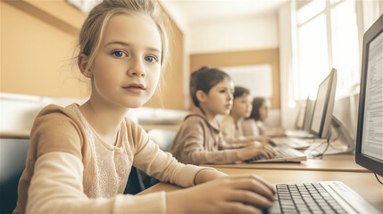 Blonde girl working on laptop in well-lit classroom. Elementary school student focused on digital learning with computer, illustrating modern educational technology in child development curriculum.