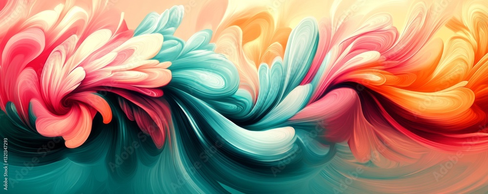 Poster vibrant abstract digital art with colorful layers and wave-like shapes evoking energy and movement i