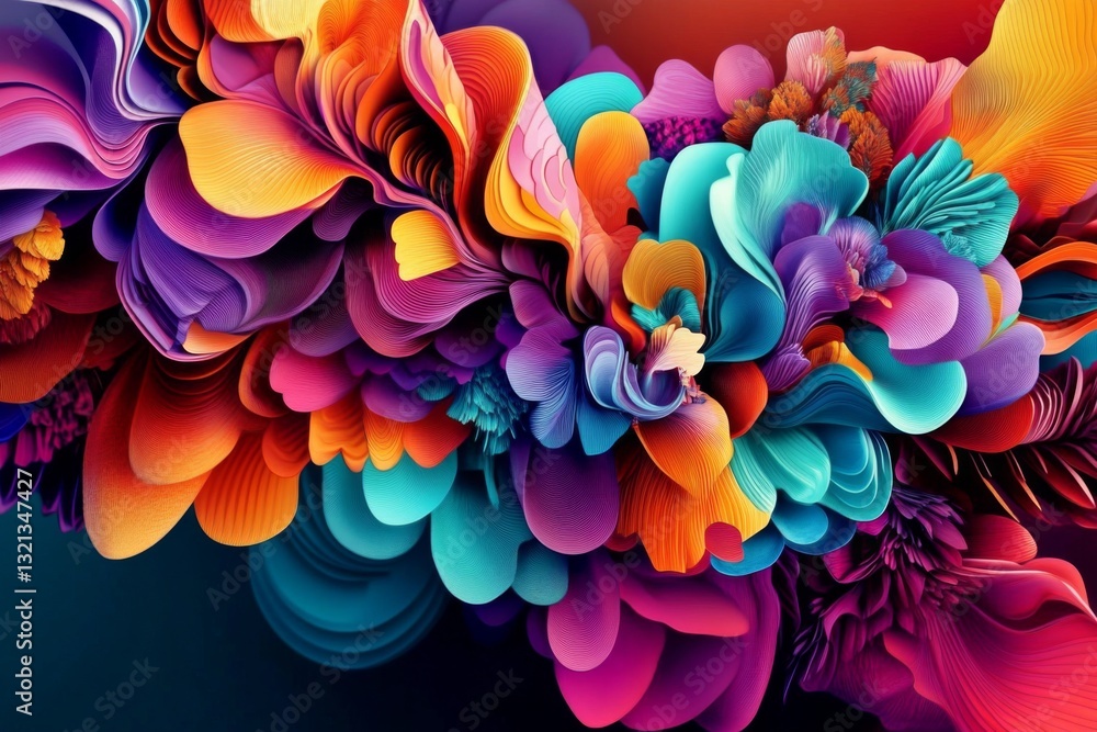 Poster vibrant abstract digital art with chaotic shapes and varied colors on dark background - energetic an