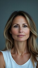 Naklejka premium A woman with long blonde hair and a white tank top is smiling