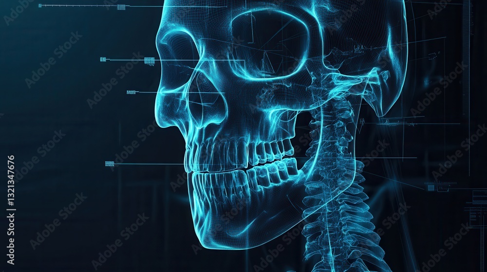 Poster jawbone with implants showcased through glowing x-ray style design in a dark medical setting with in