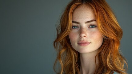 Naklejka premium A woman with red hair and blue eyes is standing in front of a gray wall