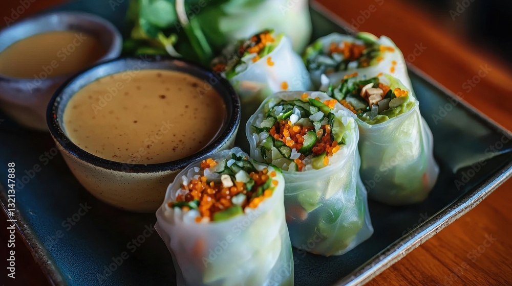 Poster plate of vietnamese spring rolls with a small bowl of dipping sauce on the side.