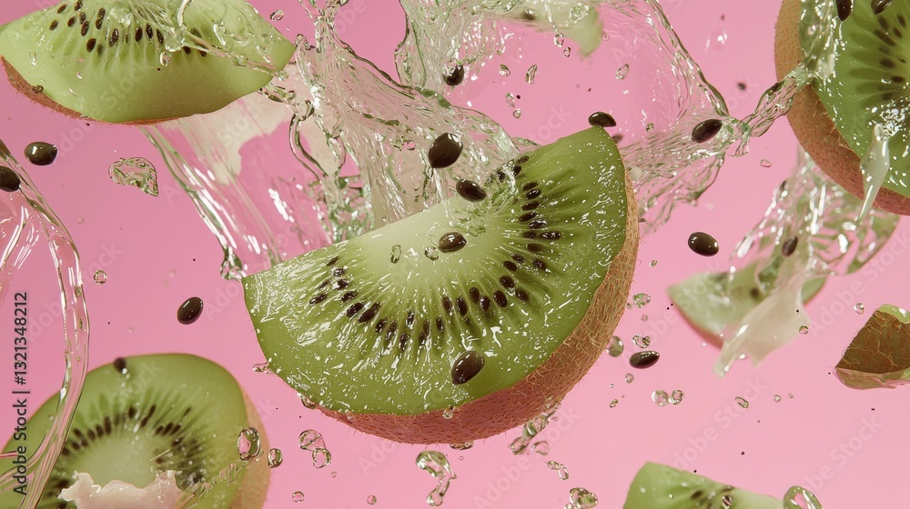 Poster group of kiwi slices falling into the water. the slices are arranged in a scattered manner, with som