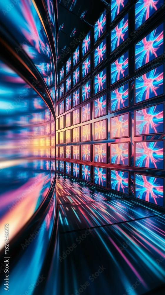 Poster abstract digital art showcasing a curved corridor lined with screens displaying vibrant pink and blu