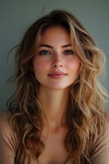 Fototapeta premium A woman with long brown hair and a tan shirt is smiling at the camera