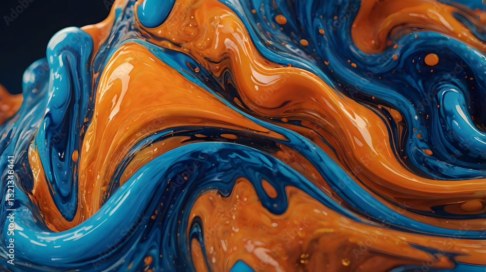 Poster vibrant fluid dynamics: abstract close-up of swirling, viscous paint in shades of blue and orange, c
