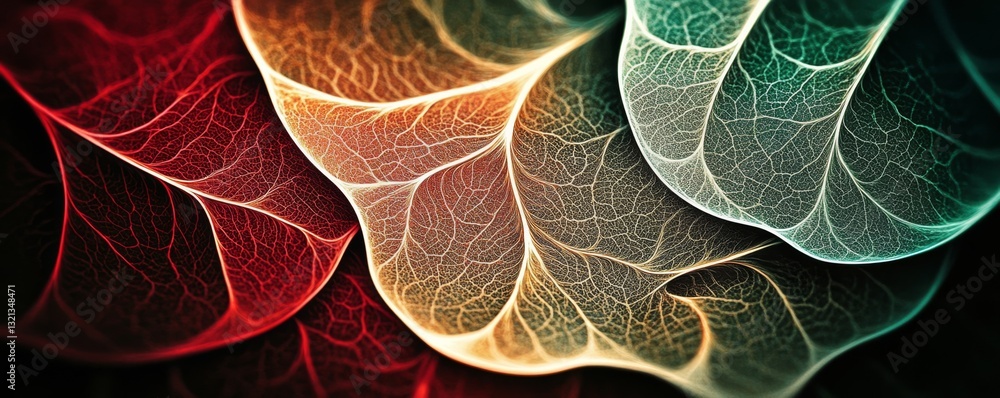 Poster vibrant close-up abstract leaf art with dynamic color layers and mysterious energy on dark backgroun