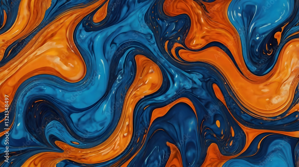 Poster abstract fluid dynamics: a captivating swirling mix of blue and orange acrylic paint, creating a mes