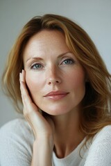 Naklejka premium A woman with brown hair and blue eyes is posing for a picture