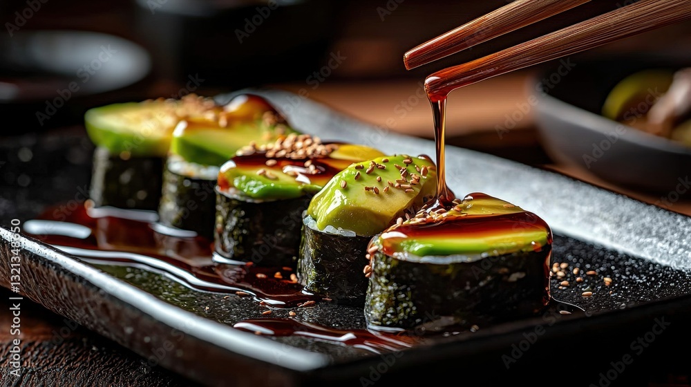 Poster black rectangular plate with six sushi rolls on it. the sushi rolls are arranged in a row and are co