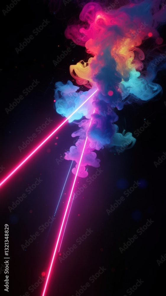 Poster vibrant multicolored smoke clouds illuminated by neon pink laser beams on a dark background, creatin