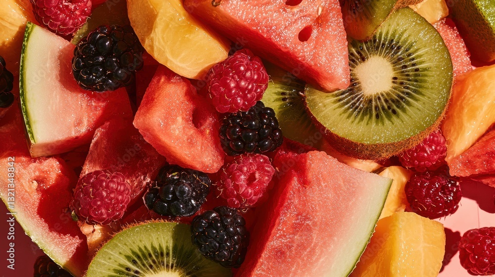 Poster close-up of a pile of sliced fruits. the fruits are arranged in a circular pattern, with some overla