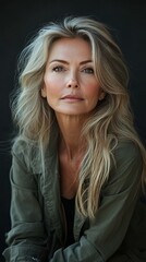 Fototapeta premium A woman with long blonde hair is sitting in front of a black background